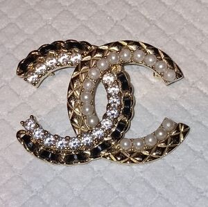 Chanel CC Rare Pearl Leather Rhinestone Brooch Pin